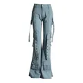 Front detail view of high-waisted flared cargo jeans with metal eyelet straps - S / Bottoms / Blue