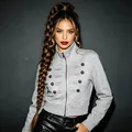 Grey women's military style jacket featuring a stand collar and metallic button details - S / Tops / Gray