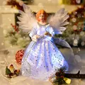 Elegant Christmas angel tree topper with white feather wings and glowing star dress - White Star Dress Angel Tree Topper