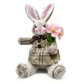 Cute Easter grey plush rabbit doll wearing a brown plaid dress and holding pink flowers. - Female Style