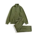 Men's olive green waffle knit tracksuit set with half-zip sweatshirt and drawstring pants - S / Top And Bottom / Army Green