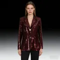 Stylish burgundy sequined blazer for women with black lapels and silver square buttons - M / Tops / Burgundy