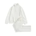 Detailed texture view of white waffle knit half-zip sweatshirt and matching sweatpants set - S / Top And Bottom / White