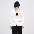 Elegant white French style blazer featuring feather cuffs and crystal detailing. - M / Tops / White