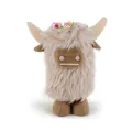 Soft Highland Cow plush doll featuring long fluffy fur and colorful floral crown detail - Tan