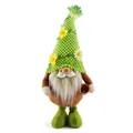 Detailed view of a green knitted gnome doll featuring a floral hat and small pot - Pointy Hat Style