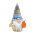 Detailed view of a plush harvest gnome featuring a plaid hat and holding a mini pumpkin - Plaid Hat Style (BH227099) / Pumpkin Pattern