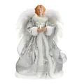 Elegant Christmas angel tree topper with a silver gown and a glowing star ornament - White Star Skirt Style