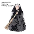 Handcrafted Halloween witch figurine with rustic broomstick ornament decoration - 16.5*7*7cm / Black
