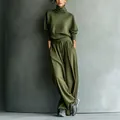 Elegant two-piece olive green turtleneck sweatshirt and wide-leg trousers set for women. - S / Top And Bottom / Army Green