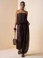 Elegant brown pleated wide-leg jumpsuit with spaghetti straps in bohemian style - S / Top And Bottom / Red Brown