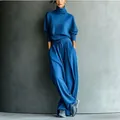 Full body view of women's blue turtleneck sweatshirt and loose wide-leg lounge pants set - S / Top And Bottom / Blue