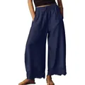 Pantalon court bleu marine pour femme avec taille élastique et ourlet en dentelle - Bleu foncé