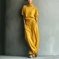 Fashionable mustard yellow turtleneck sweatshirt and wide-leg trousers two-piece lounge set. - S / Top And Bottom / Yellow