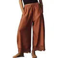 Close-up detail of women's loose wide-leg pants featuring intricate lace embroidery hem - XS / Bottoms / Caramel color