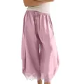 Close-up detail of women's loose curved pants featuring an elastic waist and lace trim hem - XS / Bottoms / Pink
