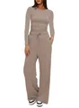 Detailed view of women's solid color long-sleeve top and wide-leg loungewear set - Khaki