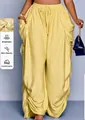 Detail view of yellow viscose harem pants with drawstring and gathered side pockets - S / Bottoms / Light Yellow