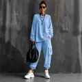 Street style two-piece casual set with light blue long-sleeve top and cargo pants - S / Top And Bottom / Long Sleeve Blue