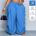 Detail of blue wide-leg harem pants with side drawstring and breathable fabric - S / Bottoms / Sky Blue