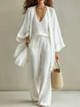 Detailed look of a white linen three-piece set with cardigan, tank, and trousers - White/Long