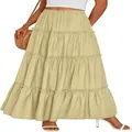 Close-up detail of a khaki tiered maxi skirt featuring a high-waisted elastic design. - XS / Bottoms / Light Yellow