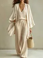Elegant beige linen three-piece set featuring cardigan, tank top, and wide-leg pants - Apricot/Long