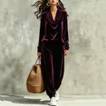 Elegant velvet two-piece lounge set with cowl neck top and jogger pants in deep purple. - S / Top And Bottom / Purple