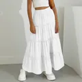 Close-up of white tiered maxi skirt showing elegant layered design and flowy fit - XS / Bottoms / White