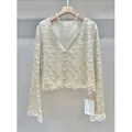 Eleganter cremefarbener Cardigan im französischen Stil mit Pailletten und Perlen - L / Oberteile / Aprikose