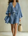 Detail showing the linen texture of a blue 3-piece set with cardigan and shorts. - Denim Blue/Short