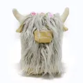Grey Scottish Highland cow plush toy with long fur and pink flower headband decor - 18*11*22cm / Original Color