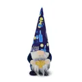 Front view of Hanukkah gnome doll with blue festive hat and golden menorah accessory - Holding Menorah Style / Dark Blue