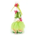 Detail view of a spring gnome doll featuring a green sequined frog and lime green faux fur - 11*10*31cm / Frog Gnome