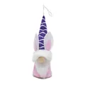 Detailed view of a plush Easter gnome hanging ornament with purple knit hat and bunny ears - Purple