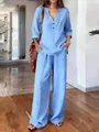 Full-length view of a women's casual light blue cotton linen set with V-neck top and pants - S / Top And Bottom / Light Blue
