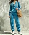 Detailed view of women's blue velvet leisure set with cowl neck top and joggers outfit - S / Top And Bottom / Sky Blue