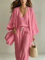 Detailweergave van de roze katoen-linnen textuur van deze trendy driedelige zomeroutfitset. - S / Set / Roze