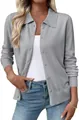 Close-up view of a grey long-sleeve knit cardigan with a classic collar and buttons. - Light Gray