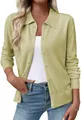 Close-up of a women's light green long sleeve knit cardigan featuring a stylish lapel collar - Matcha Green