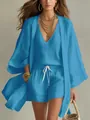 Elegant blauw 3-delig zomers katoen-linnen setje met los vest, topje en korte broek - S / Set / Hemelsblauw