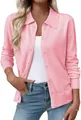 Detailed close-up of a stylish pink long-sleeved knitted cardigan with lapels on a model - Pink