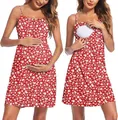 Robe de maternité d'allaitement à fleurs rouges avec bretelles et ouverture d'allaitement - Rouge