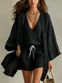 Zwarte katoen linnen driedelige set voor dames: lange cardigan, tanktop en short - S / Set / Zwart