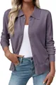 Detail of a purple long-sleeve knit cardigan with lapel and button closure - Purple