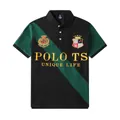 Detail view of British style men's polo shirt with diagonal green stripe and gold embroidery - 3XL / Tops / Green & Black