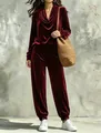 Elegant burgundy velvet two-piece lounge set with cowl neck top and joggers for women - Burgundy