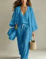 Women's blue three-piece cotton linen casual set with long cardigan, tank top and pants - Dark Blue / Long