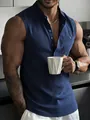 Men's blue linen sleeveless Henley shirt with textured fabric and button collar - S / Tops / Navy Blue