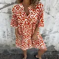 Casual summer orange geometric print V-neck pleated mini dress with bell sleeves - S / Dresses / Burgundy